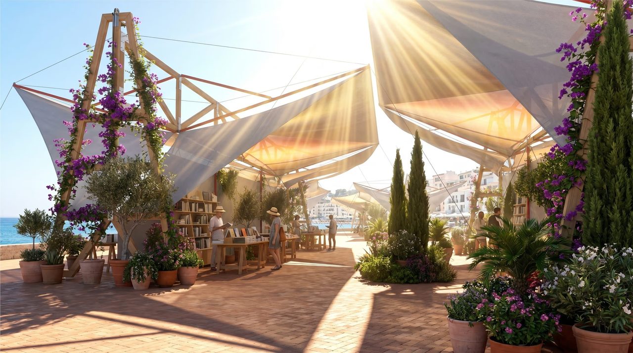 Carpa LuzPavilion para feria del libro en el paseo marítimo al atardecer