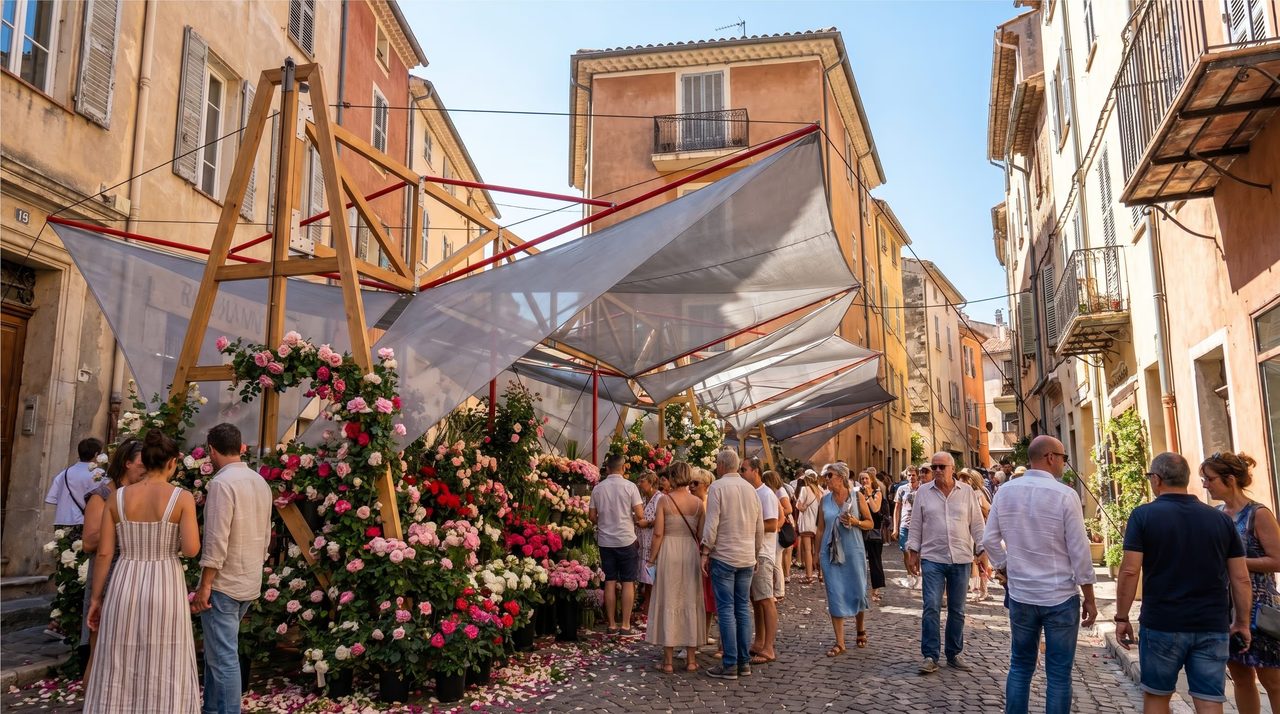 Carpa modular para feria de flores y sombra mediterránea con LuzPavilion