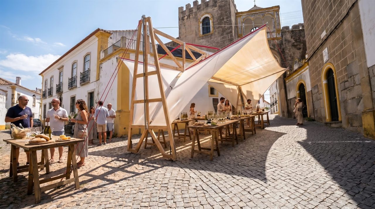 Carpa para feria de vino y presentación en calle histórica de Portugal