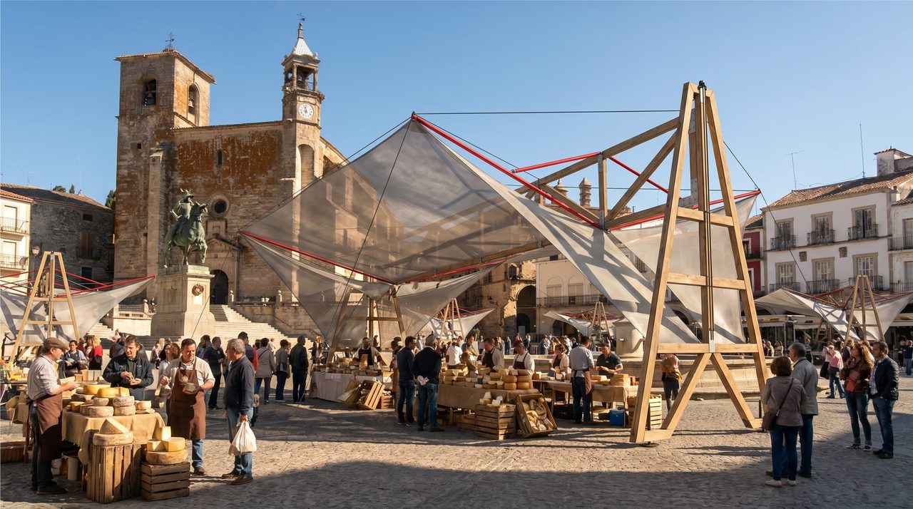 Carpa para la feria del queso en la plaza de Trujillo con estructura certificada